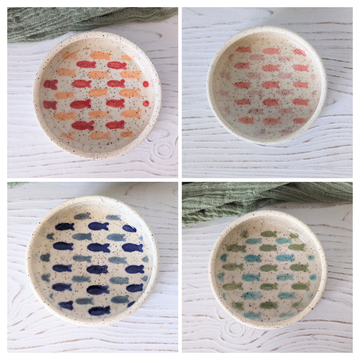 Short Ceramic Cat Bowl with Two Fish Colors